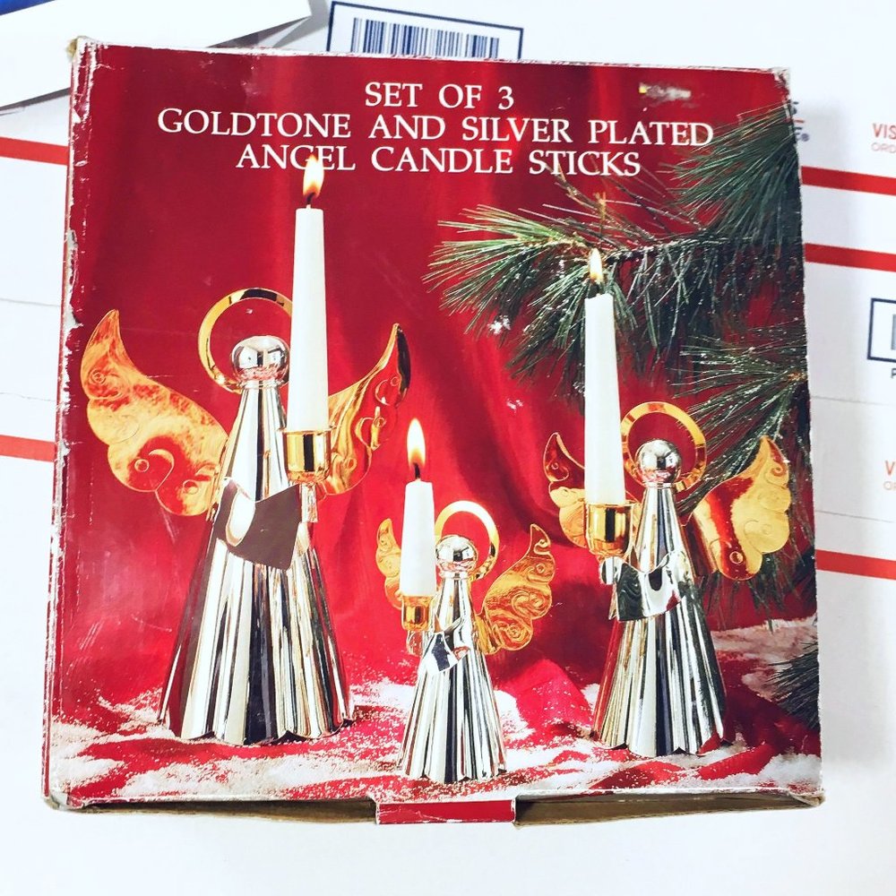 Vintage Silver & Gold Angel Brass Candle Holders 3-Piece Decorative Display